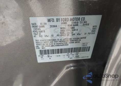 2009 Ford Edge Sel из США, поврежденный, VIN 2FMDK48C59BA65368